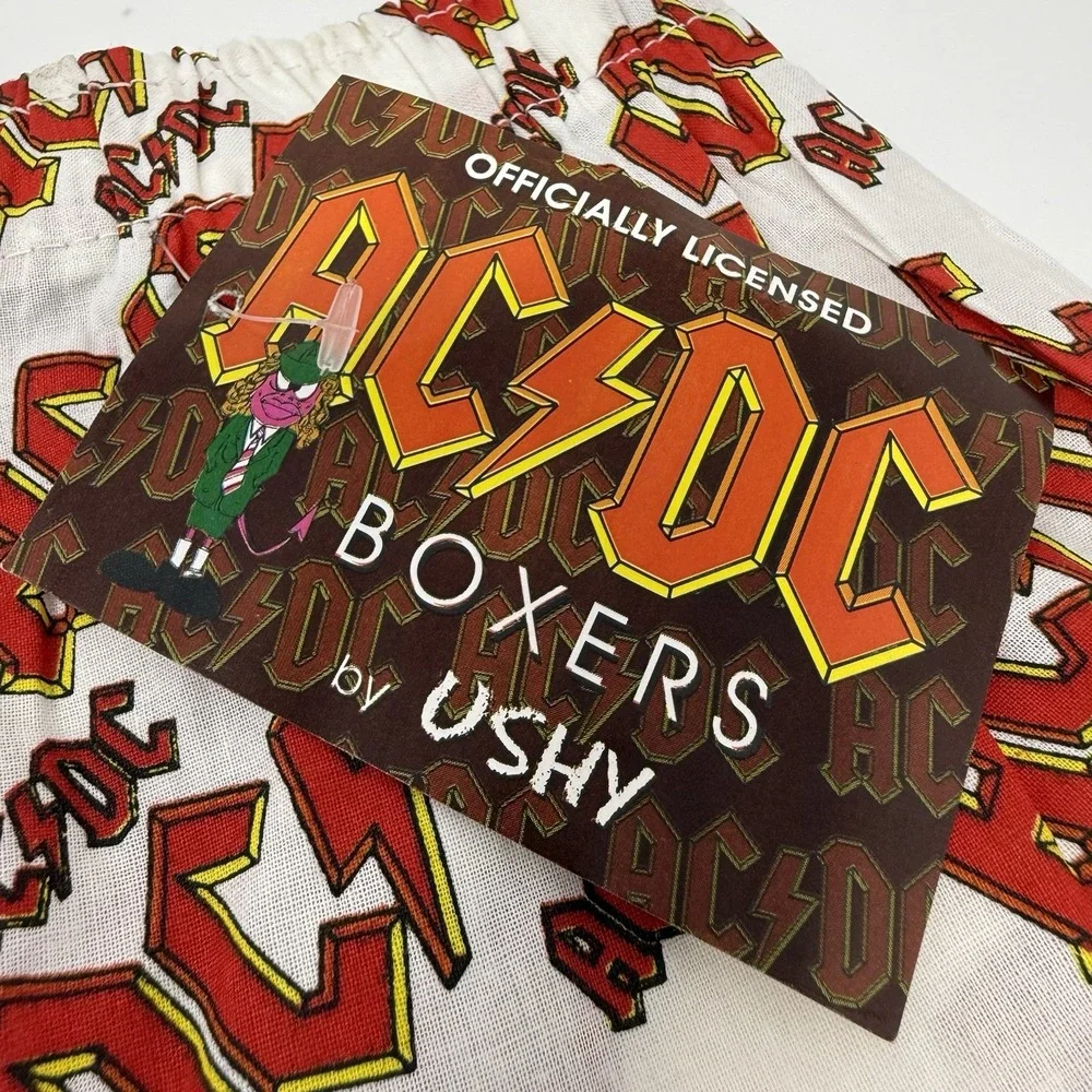 Vtg NWT  Ushy 1997 AC/DC Boxer Shorts Underwear  AC/DC  Red/Wht Allover Print XL